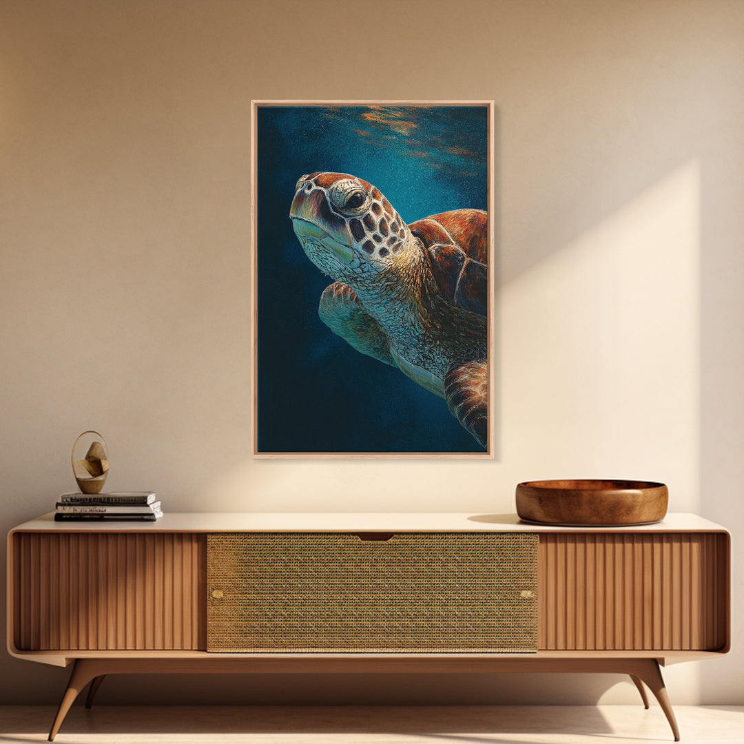 Sea Turtle Drifting Through Luminous Blue Water Framed Canvas Print, Animal Art, Boho Decor, Living Room Decor, Abstract Art, ANI-2x3-26