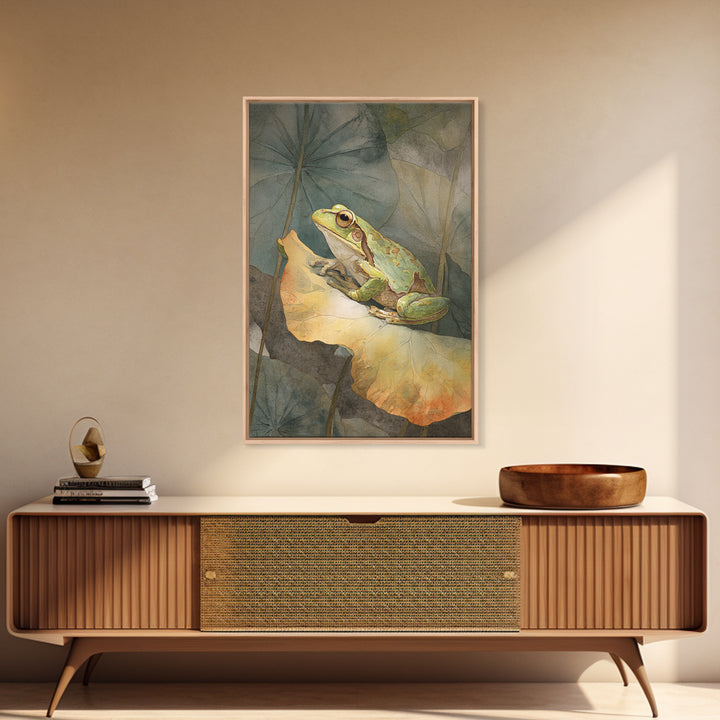 Frog on a Lotus Leaf Framed Canvas Print, Animal Art, Art Deco, Living Room Decor, Oil Painting, Creature, Cat Art, ANI-2x3-28