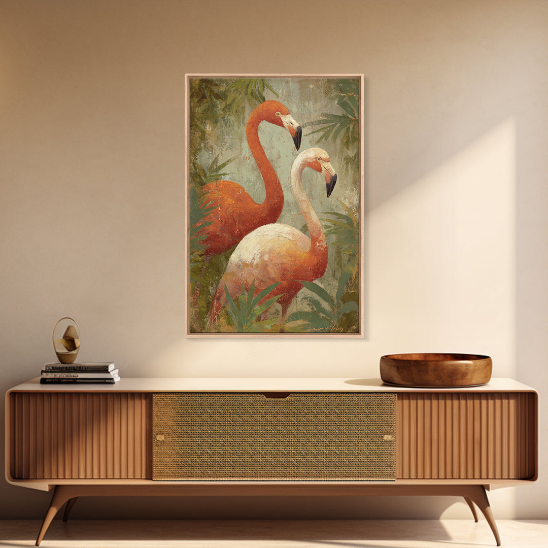 Flamingo Pair in Elegant Coral and Cream Framed Canvas Print, Animal Art, Trendy Wall Art, Living Room Decor, Creature, ANI-2x3-3