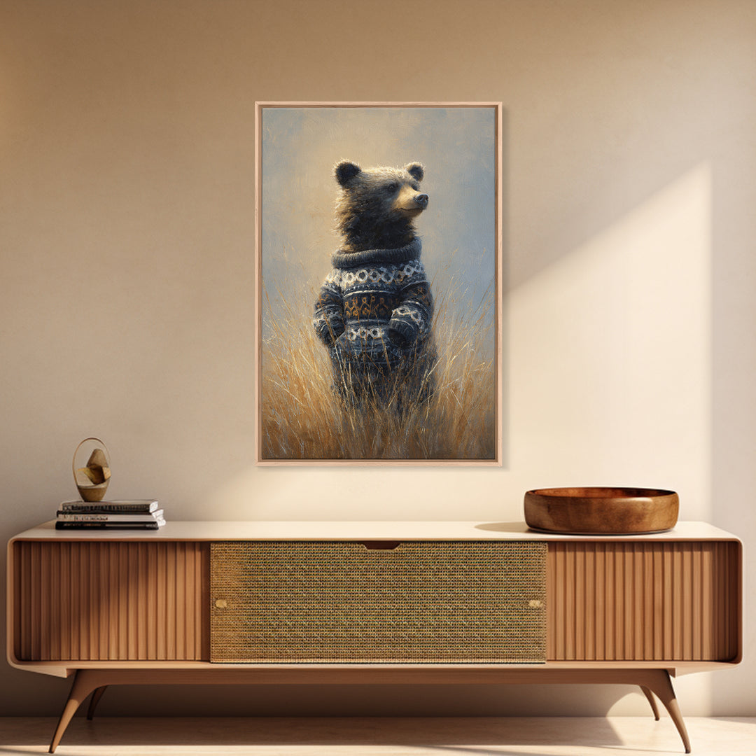 Whimsical Bear in a Patterned Sweater with Framed Canvas Print, Animal Art, Contemporary Art, Living Room Decor, Creature, ANI-2x3-34
