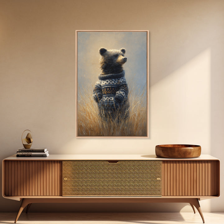 Whimsical Bear in a Patterned Sweater with Framed Canvas Print, Animal Art, Contemporary Art, Living Room Decor, Creature, ANI-2x3-34