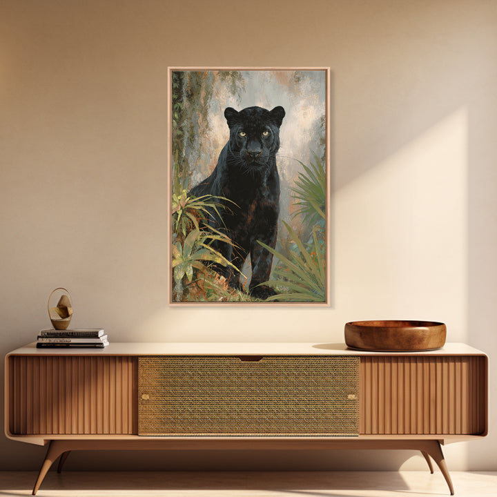 Dramatic Black Panther Emerging from Deep Jungle Framed Canvas Print, Animal Art, Wall Art, Living Room Decor, Creature, ANI-2x3-38