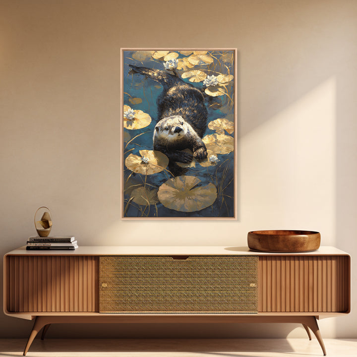 Playful Otter Floating Among Lily Pads Canvas Print, Animal Art, Fine Art Print, Living Room Decor, Fine Art, Creature, ANI-2x3-40