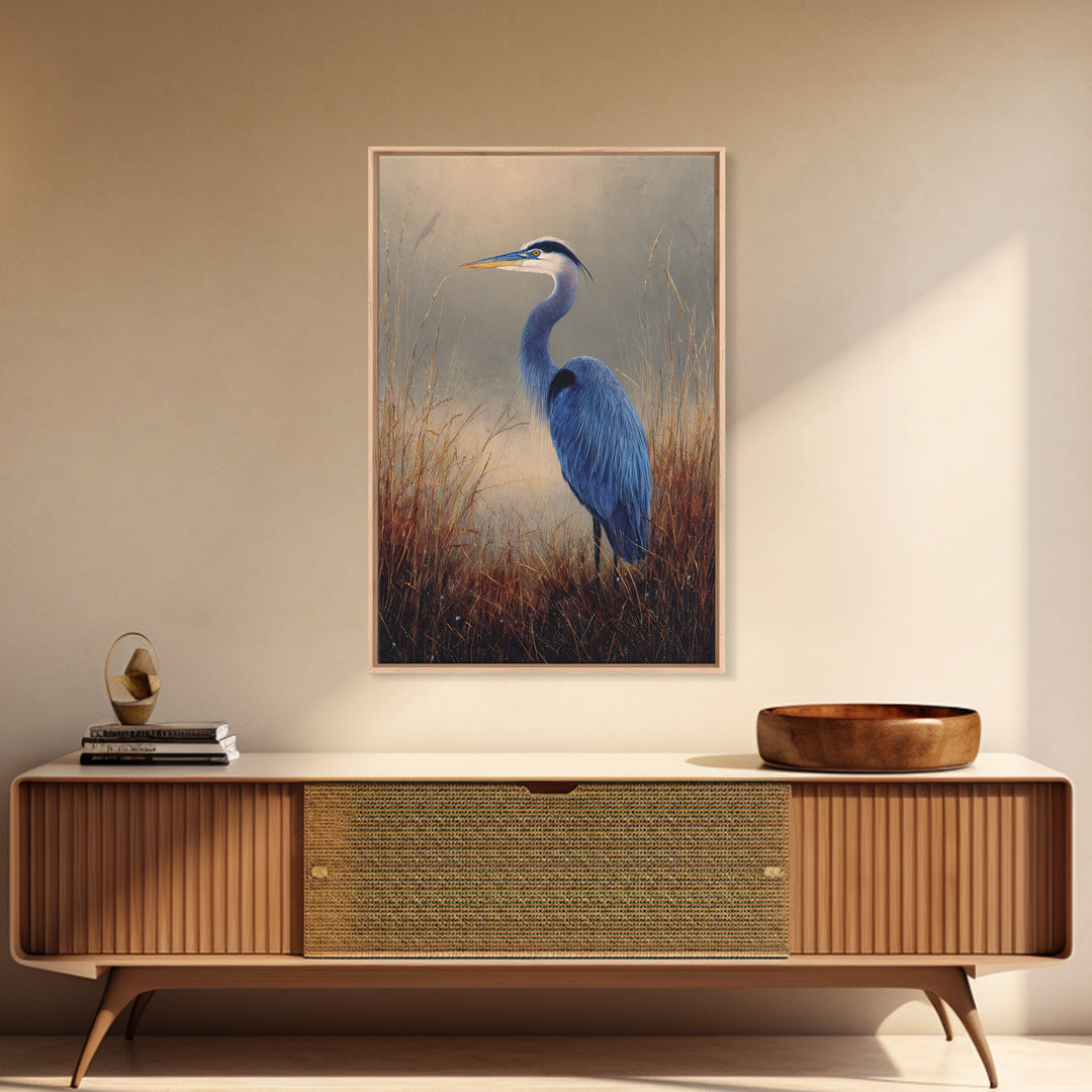 Blue Heron Standing Framed Canvas Print, Animal Art, Contemporary Art, Living Room Decor, Fine Art, Creature, Digital Wall Art, ANI-2x3-43