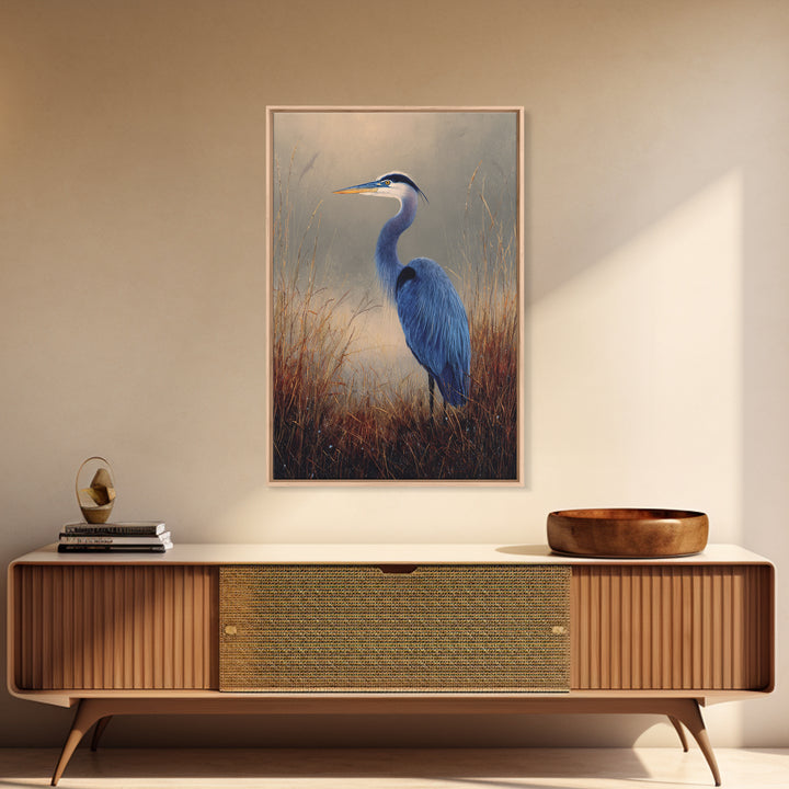Blue Heron Standing Framed Canvas Print, Animal Art, Contemporary Art, Living Room Decor, Fine Art, Creature, Digital Wall Art, ANI-2x3-43