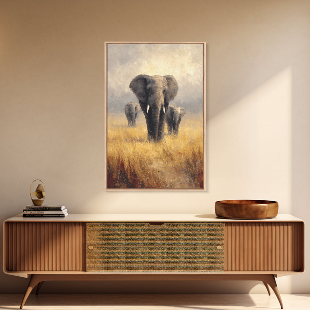 Elephant Family Walking Through Dusty Golden Light Canvas Print, Animal Art, Textured Painting, Living Room Decor, Creature, ANI-2x3-46