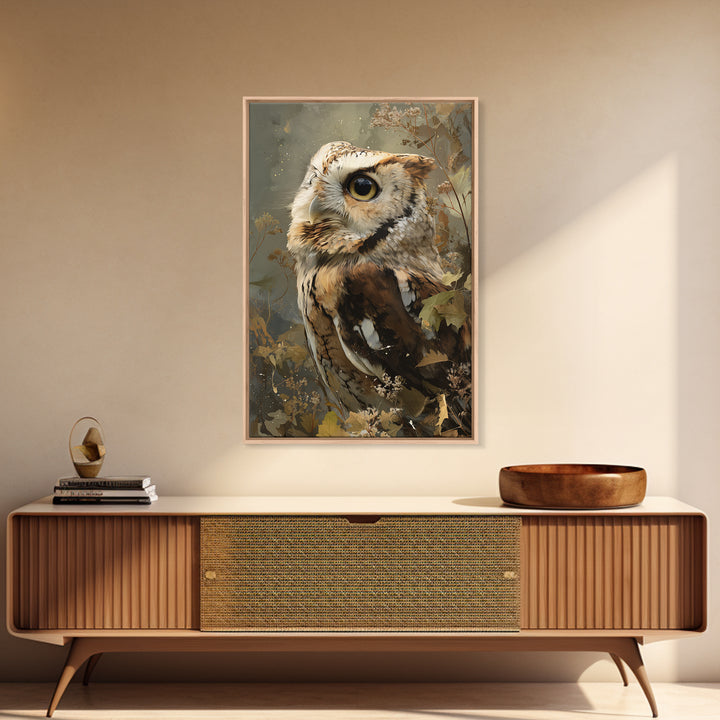Owl with Moonlit Feathers and Celestial Accents Framed Canvas Print, Animal Art, Wall Art, Living Room Decor, Abstract Art, ANI-2x3-47