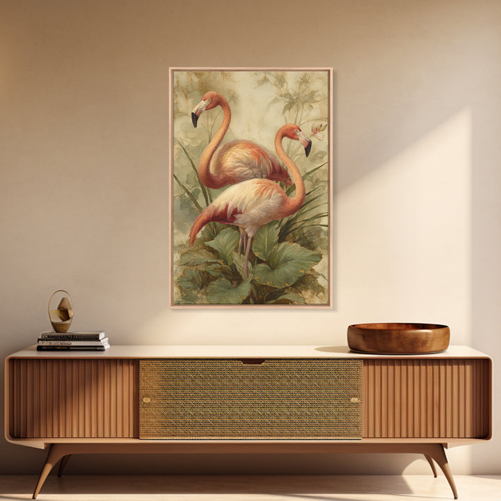 Flamingo Pair in Elegant Coral and Cream Framed Canvas Print, Animal Art, Room Decor, Living Room Decor, Oil Painting, Creature, ANI-2x3-51