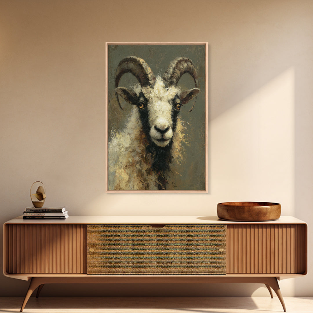 Goat Portrait with Rustic Folk Art Personality Framed Canvas Print, Animal Art, Digital Art, Living Room Decor, Oil Painting, ANI-2x3-53