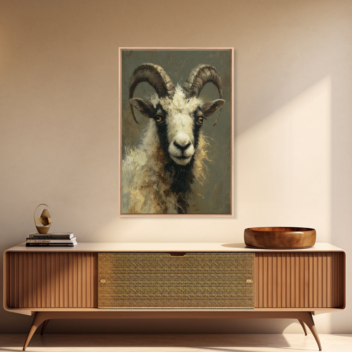 Goat Portrait with Rustic Folk Art Personality Framed Canvas Print, Animal Art, Digital Art, Living Room Decor, Oil Painting, ANI-2x3-53