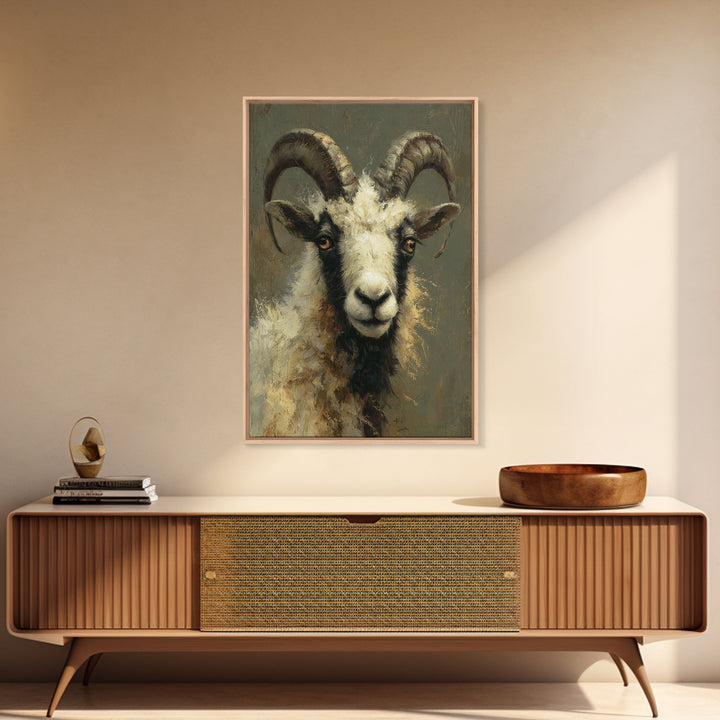 Goat Portrait with Rustic Folk Art Personality Framed Canvas Print, Animal Art, Digital Art, Living Room Decor, Oil Painting, ANI-2x3-53