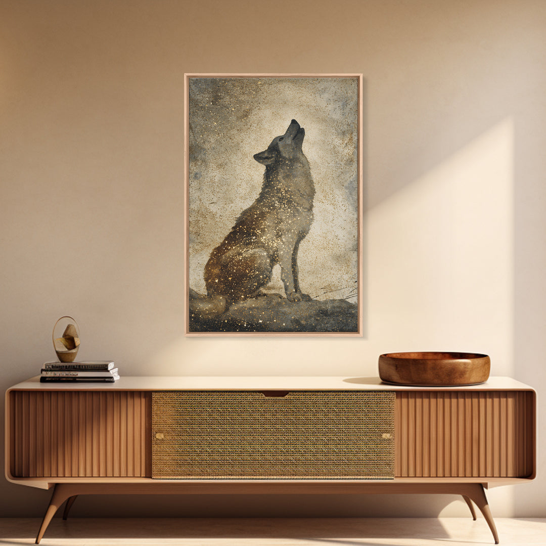 Wolf Silhouette Beneath a Star Filled Sky Canvas Print, Animal Art, Minimalist Decor, Living Room Decor, Fine Art, Creature, ANI-2x3-54