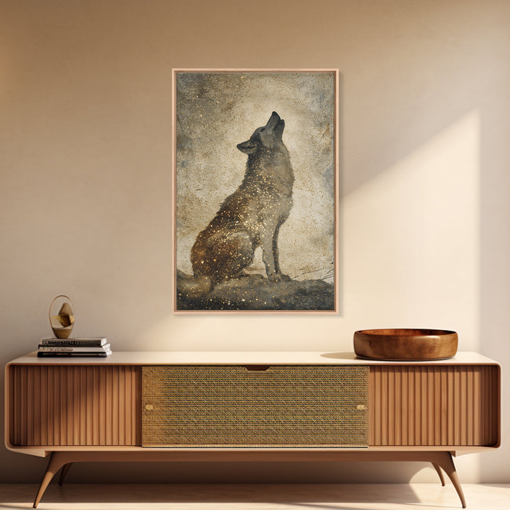 Wolf Silhouette Beneath a Star Filled Sky Canvas Print, Animal Art, Minimalist Decor, Living Room Decor, Fine Art, Creature, ANI-2x3-54