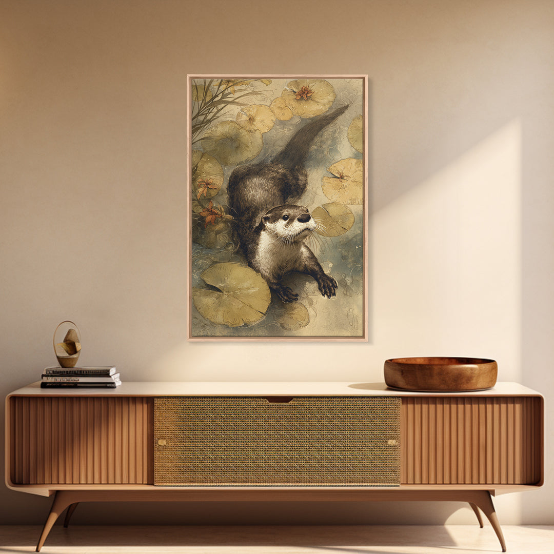 Playful Otter Floating Among Lily Pads Framed Canvas Print, Animal Art, Room Decor, Living Room Decor, Fine Art, Creature, ANI-2x3-64
