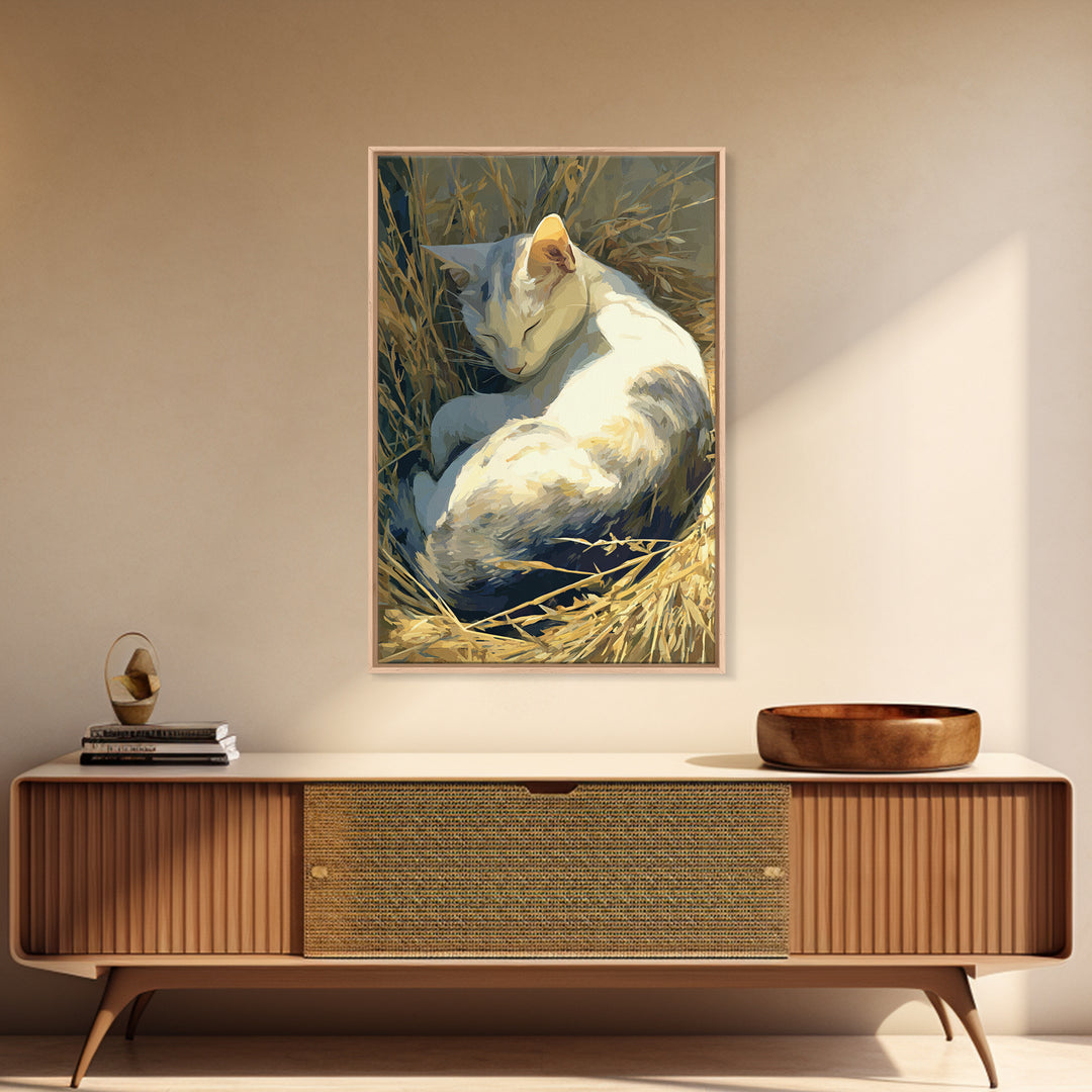 Sleeping Cat Curled Framed Canvas Print, Animal Art, Printable, Living Room Decor, Fine Art, Creature, Nursery, Boho Wall Art, ANI-2x3-68