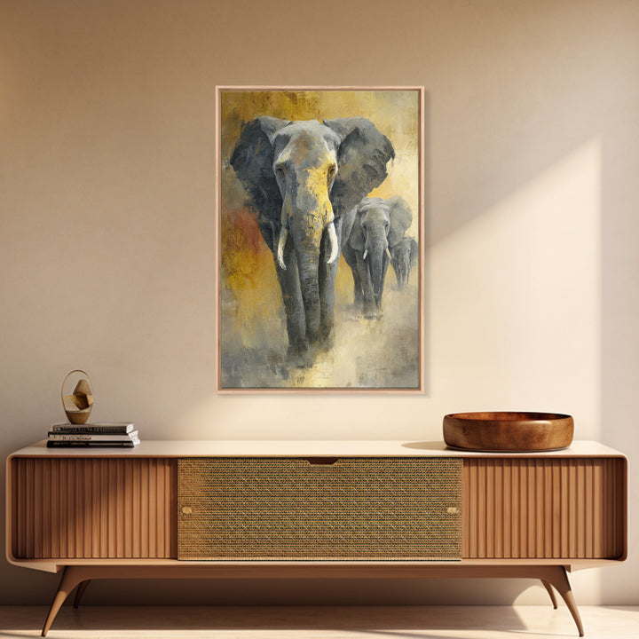 Elephant Family Walking Through Dusty Golden Light Canvas Print, Animal Art, Art, Living Room Decor, Fine Art, Creature, ANI-2x3-70