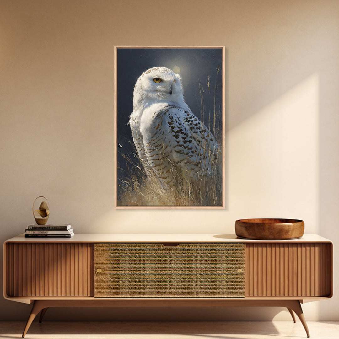 Owl with Moonlit Feathers and Celestial Accents Canvas Print, Animal Art, Print, Living Room Decor, Fine Art, Creature, ANI-2x3-71
