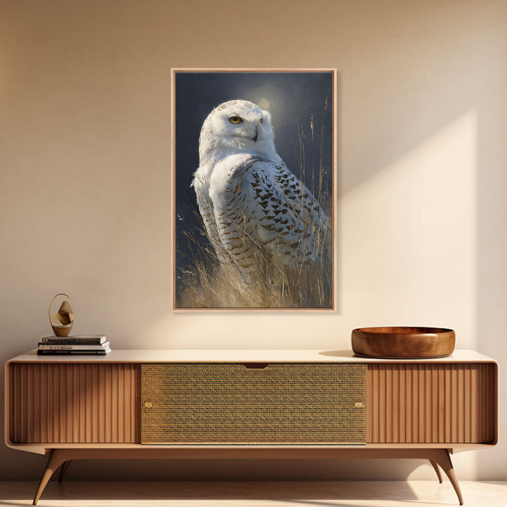Owl with Moonlit Feathers and Celestial Accents Canvas Print, Animal Art, Print, Living Room Decor, Fine Art, Creature, ANI-2x3-71