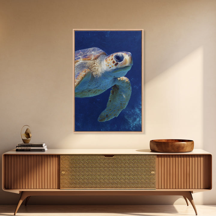 Sea Turtle Drifting Through Luminous Blue Water Framed Canvas Print, Animal Art, Living Room Decor, Watercolor Art, Creature, ANI-2x3-74