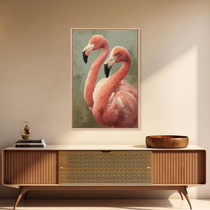 Flamingo Pair in Elegant Coral and Cream Framed Canvas Print, Animal Art, Digital Art, Living Room Decor, Fine Art, Creature, ANI-2x3-75