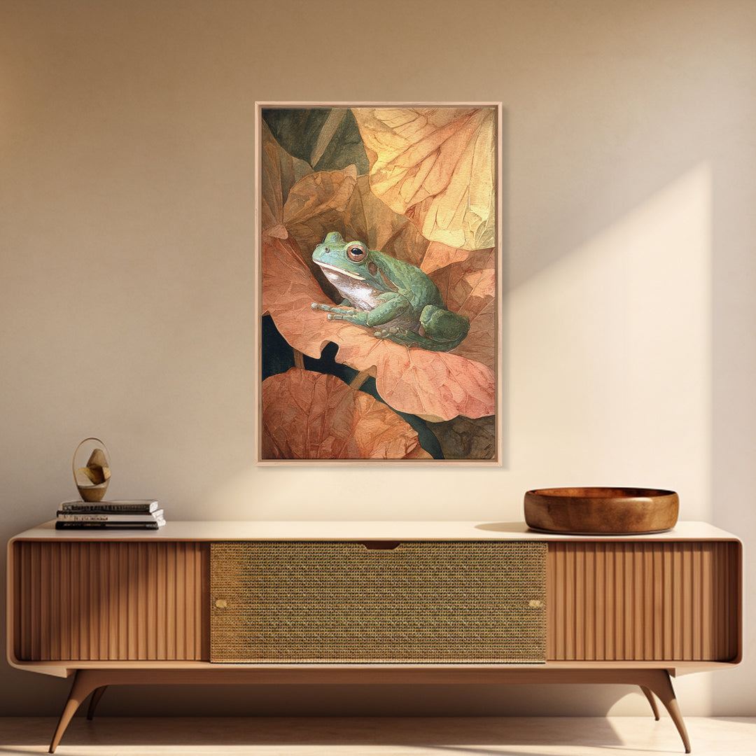 Frog on a Lotus Leaf Framed Canvas Print, Animal Art, Nursery Wall Art, Living Room Decor, Fine Art, Creature, Trendy Wall Art, ANI-2x3-76