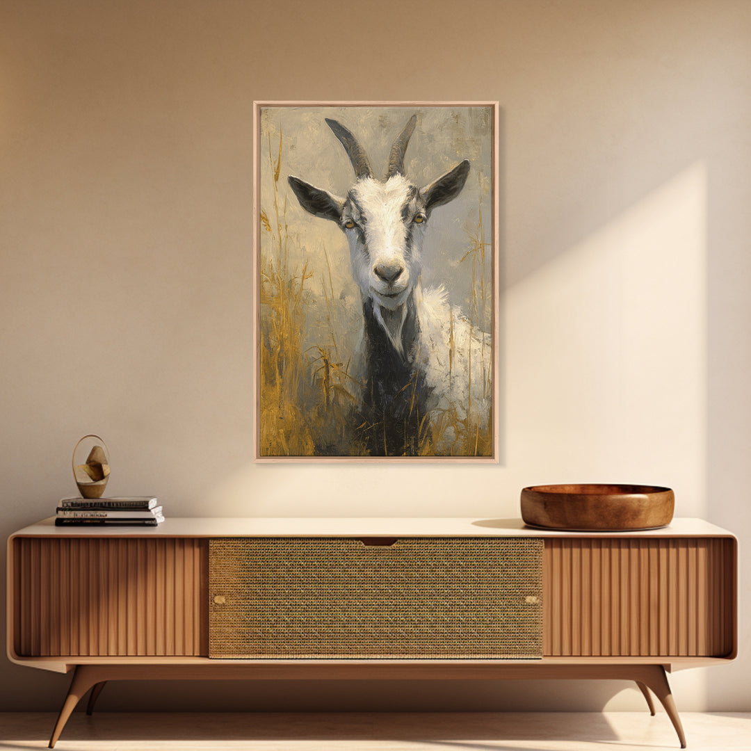 Goat Portrait with Rustic Folk Art Personality Canvas Print, Animal Art, Nursery Decor, Living Room Decor, Fine Art, Creature, ANI-2x3-77