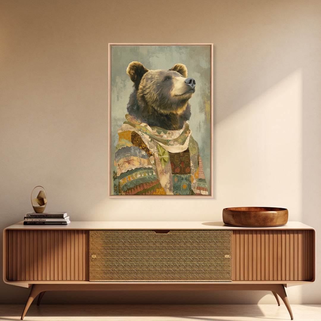 Whimsical Bear in a Patterned Sweater with Canvas Print, Animal Art, Digital Prints, Living Room Decor, Fine Art, Creature, ANI-2x3-82