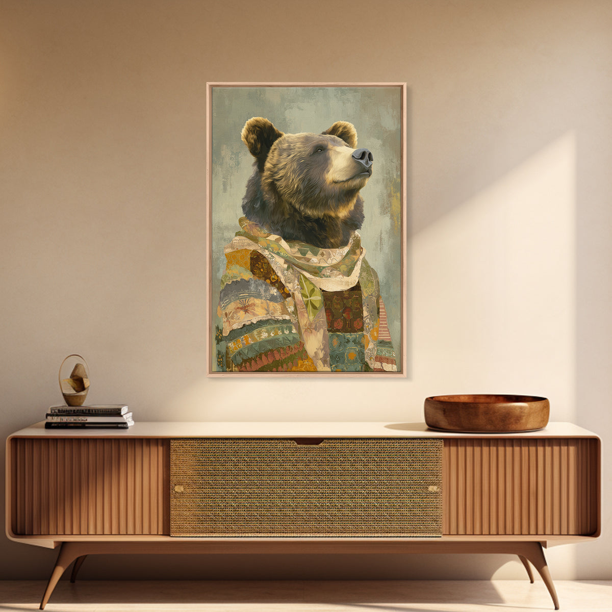 Whimsical Bear in a Patterned Sweater with Canvas Print, Animal Art, Digital Prints, Living Room Decor, Fine Art, Creature, ANI-2x3-82