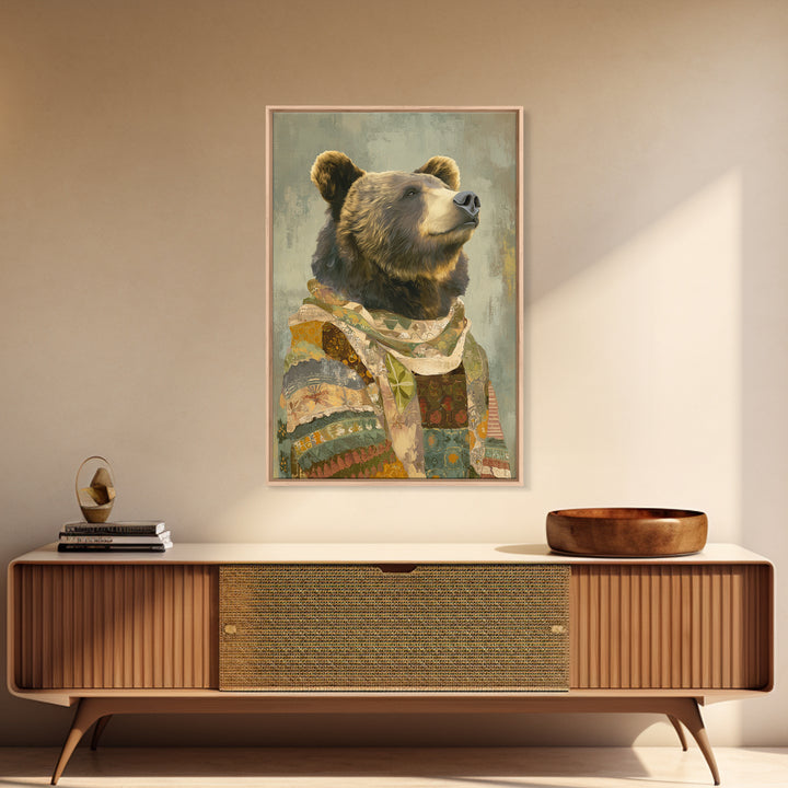 Whimsical Bear in a Patterned Sweater with Canvas Print, Animal Art, Digital Prints, Living Room Decor, Fine Art, Creature, ANI-2x3-82