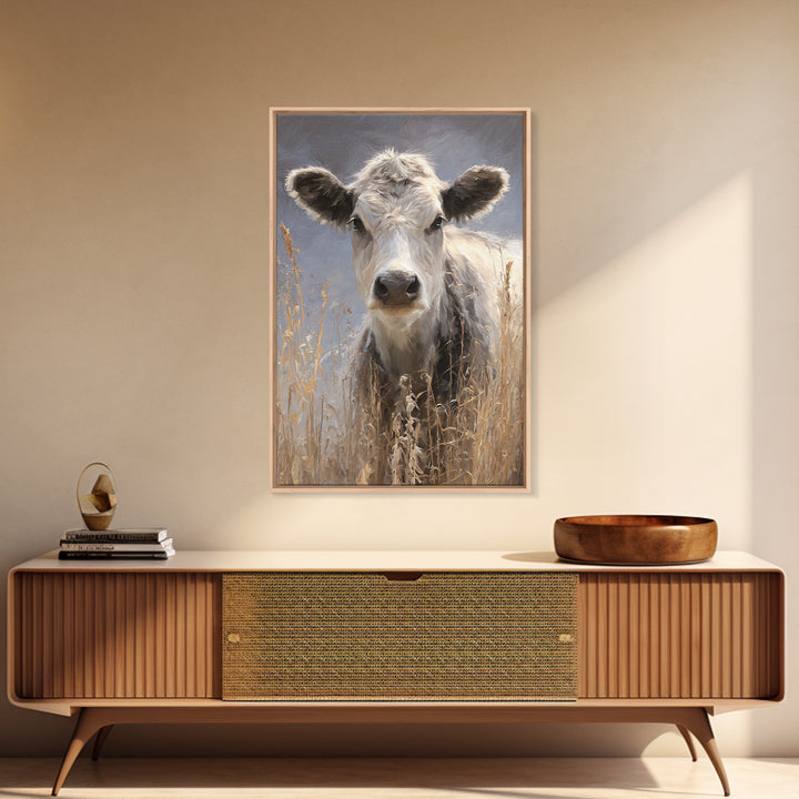 Gentle Cow Portrait Framed Canvas Print, Animal Art, Nursery Wall Art, Living Room Decor, Fine Art, Creature, Trendy Wall Art, ANI-2x3-87