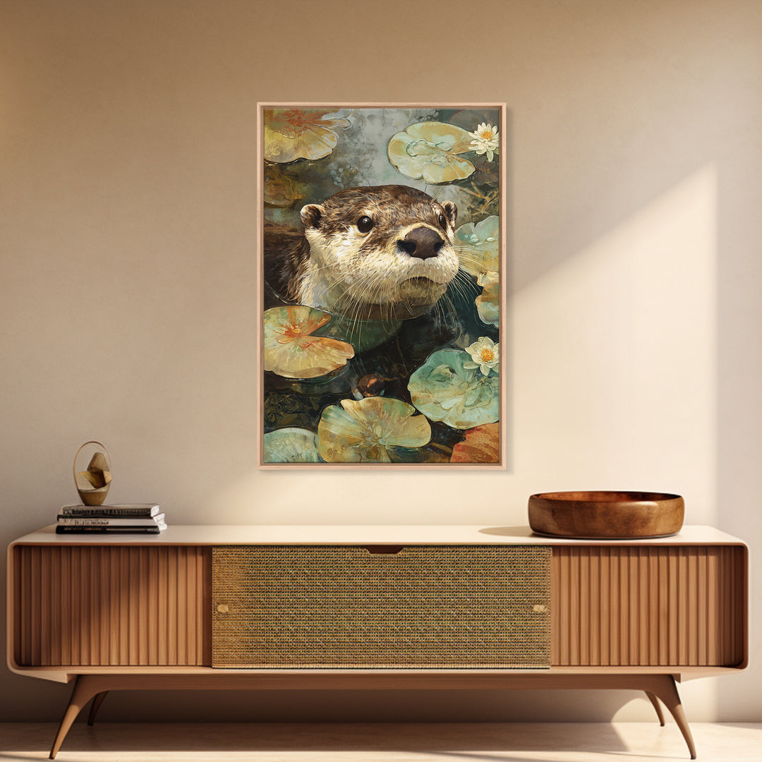 Playful Otter Floating Among Lily Pads Framed Canvas Print, Animal Art, Digital Art, Living Room Decor, Fine Art, Creature, ANI-2x3-88