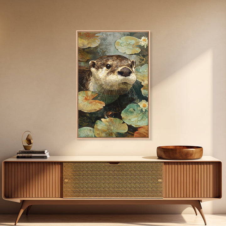Playful Otter Floating Among Lily Pads Framed Canvas Print, Animal Art, Digital Art, Living Room Decor, Fine Art, Creature, ANI-2x3-88