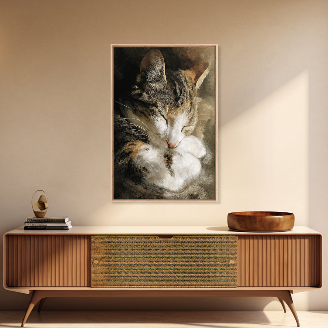 Sleeping Cat Curled Framed Canvas Print, Animal Art, Gallery Decor, Living Room Decor, Abstract Art, Creature, Contemporary Art, ANI-2x3-92