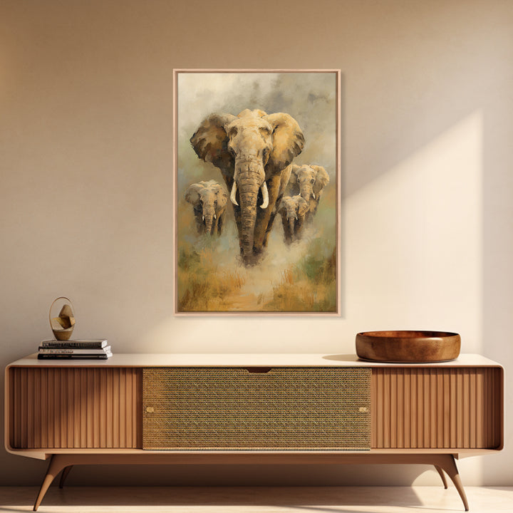 Elephant Family Walking Through Dusty Golden Light Framed Canvas Print, Animal Art, Printable, Living Room Decor, Creature, ANI-2x3-94