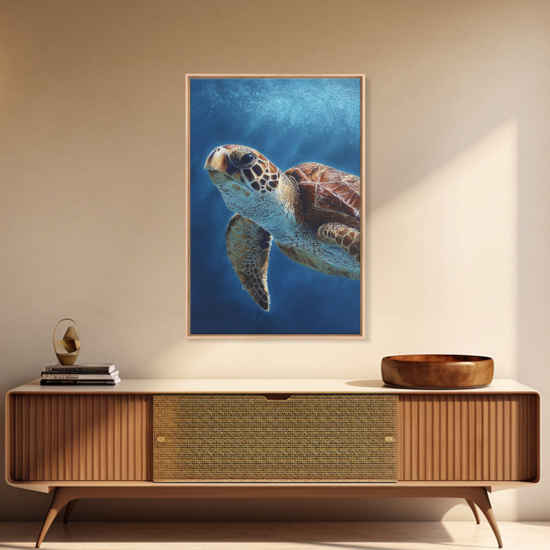 Sea Turtle Drifting Through Luminous Blue Water Framed Canvas Print, Animal Art, Living Room Decor, Watercolor Art, Creature, ANI-2x3-98