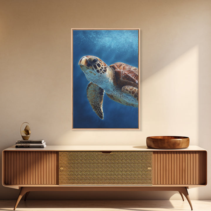 Sea Turtle Drifting Through Luminous Blue Water Framed Canvas Print, Animal Art, Living Room Decor, Watercolor Art, Creature, ANI-2x3-98