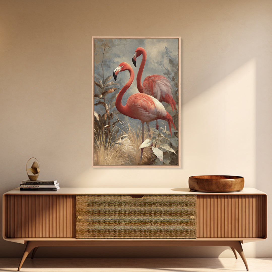 Flamingo Pair in Elegant Coral and Cream Canvas Print, Animal Art, Nursery Decor, Living Room Decor, Fine Art, Creature, ANI-2x3-99