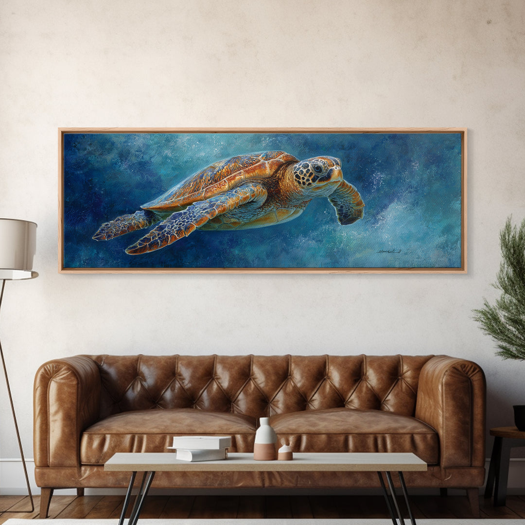 Sea Turtle Drifting Through Luminous Blue Water Framed Canvas Print, Animal Art, Home Decor, Living Room Decor, Creature, ANI-3x1-10