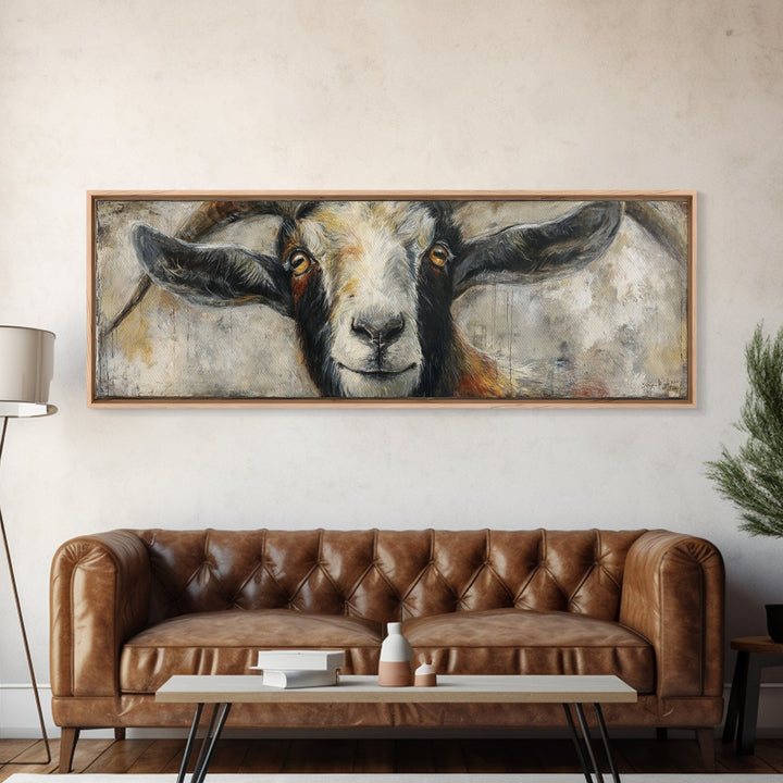 Goat Portrait with Rustic Folk Art Personality Canvas Print, Animal Art, Oil Painting, Living Room Decor, Fine Art, Creature, ANI-3x1-13