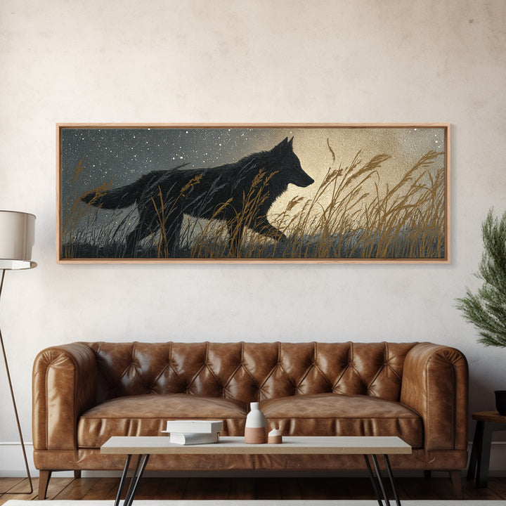 Wolf Silhouette Beneath a Star Filled Sky Canvas Print, Animal Art, Colorful Wall Art, Living Room Decor, Fine Art, Creature, ANI-3x1-14