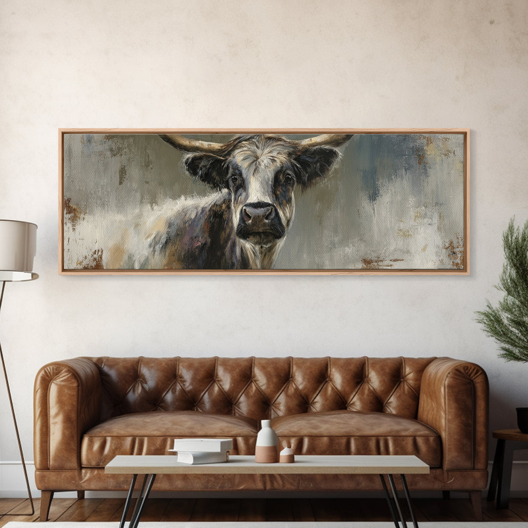 Gentle Cow Portrait Framed Canvas Print, Animal Art, Boho Decor, Living Room Decor, Oil Painting, Creature, Digital Prints, ANI-3x1-23