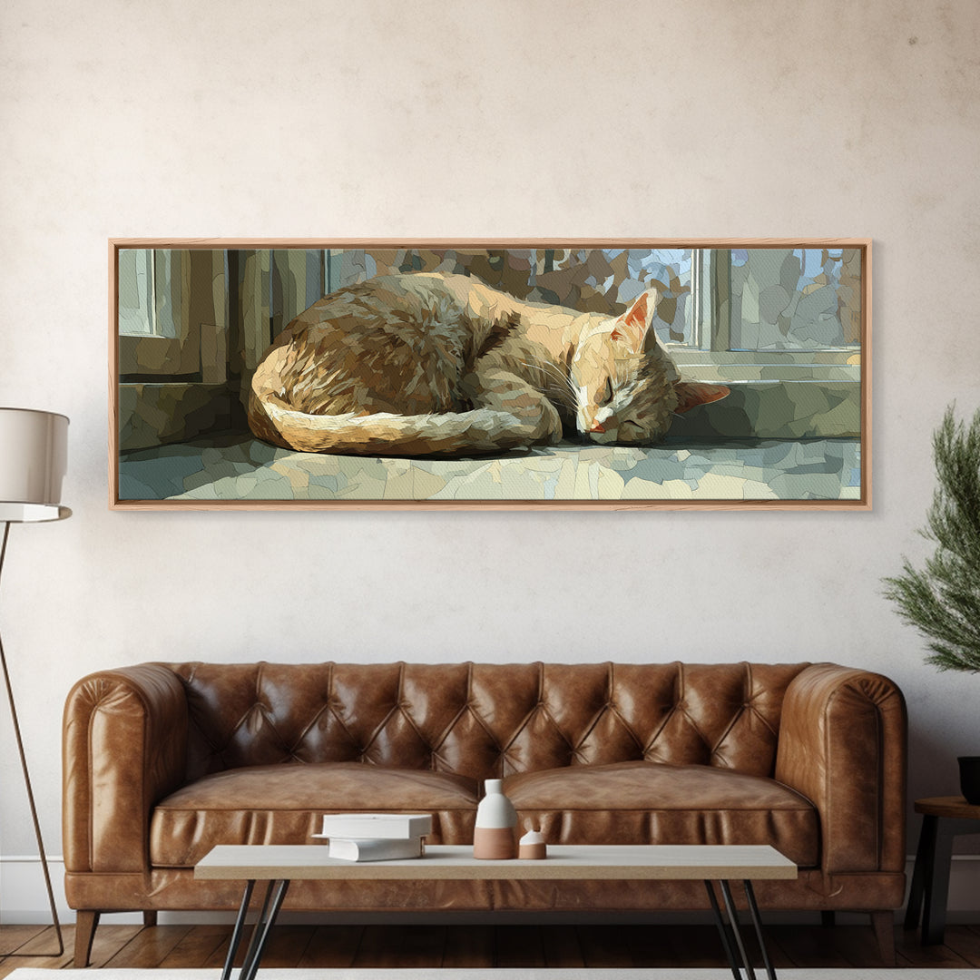Sleeping Cat Curled Framed Canvas Print, Animal Art, Trendy Wall Art, Living Room Decor, Oil Painting, Creature, ANI-3x1-28
