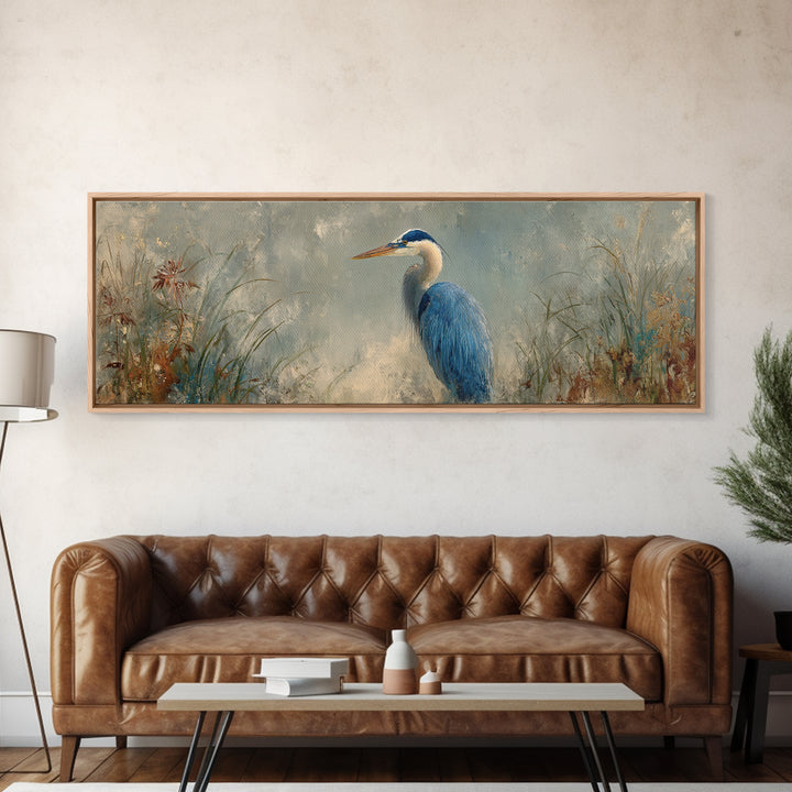 Blue Heron Standing Canvas Print, Animal Art, Gallery Decor, Living Room Decor, Fine Art, Creature, Contemporary Art, ANI-3x1-3