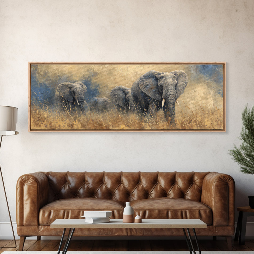 Elephant Family Walking Through Dusty Golden Light Canvas Print, Animal Art, Wall Art, Living Room Decor, Fine Art, Creature, ANI-3x1-30
