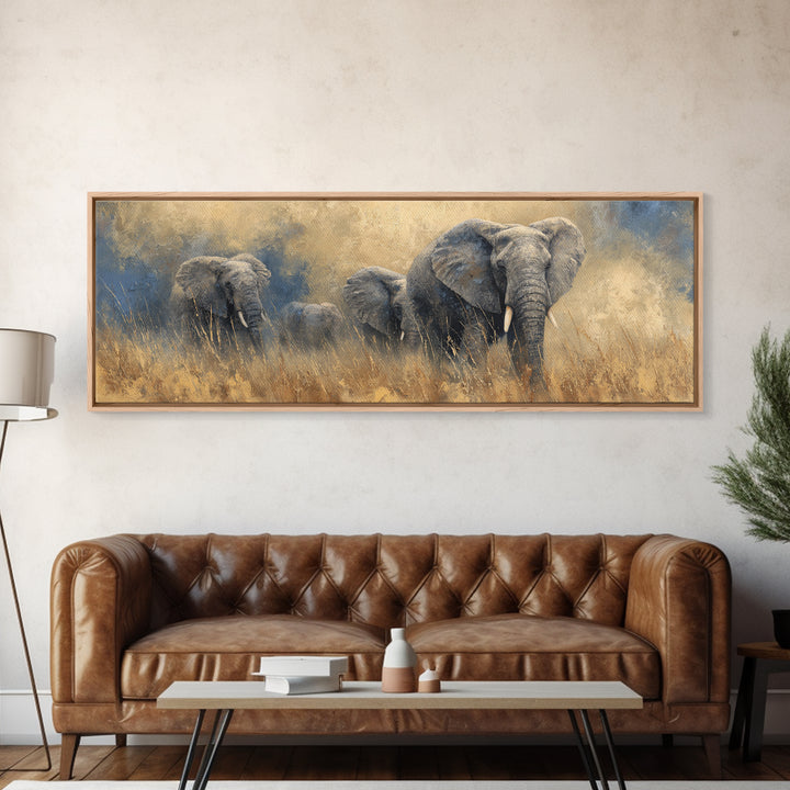 Elephant Family Walking Through Dusty Golden Light Canvas Print, Animal Art, Wall Art, Living Room Decor, Fine Art, Creature, ANI-3x1-30