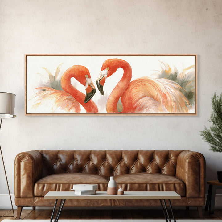 Flamingo Pair in Elegant Coral and Cream Canvas Print, Animal Art, Art Print, Living Room Decor, Creature, Digital Art, ANI-3x1-35