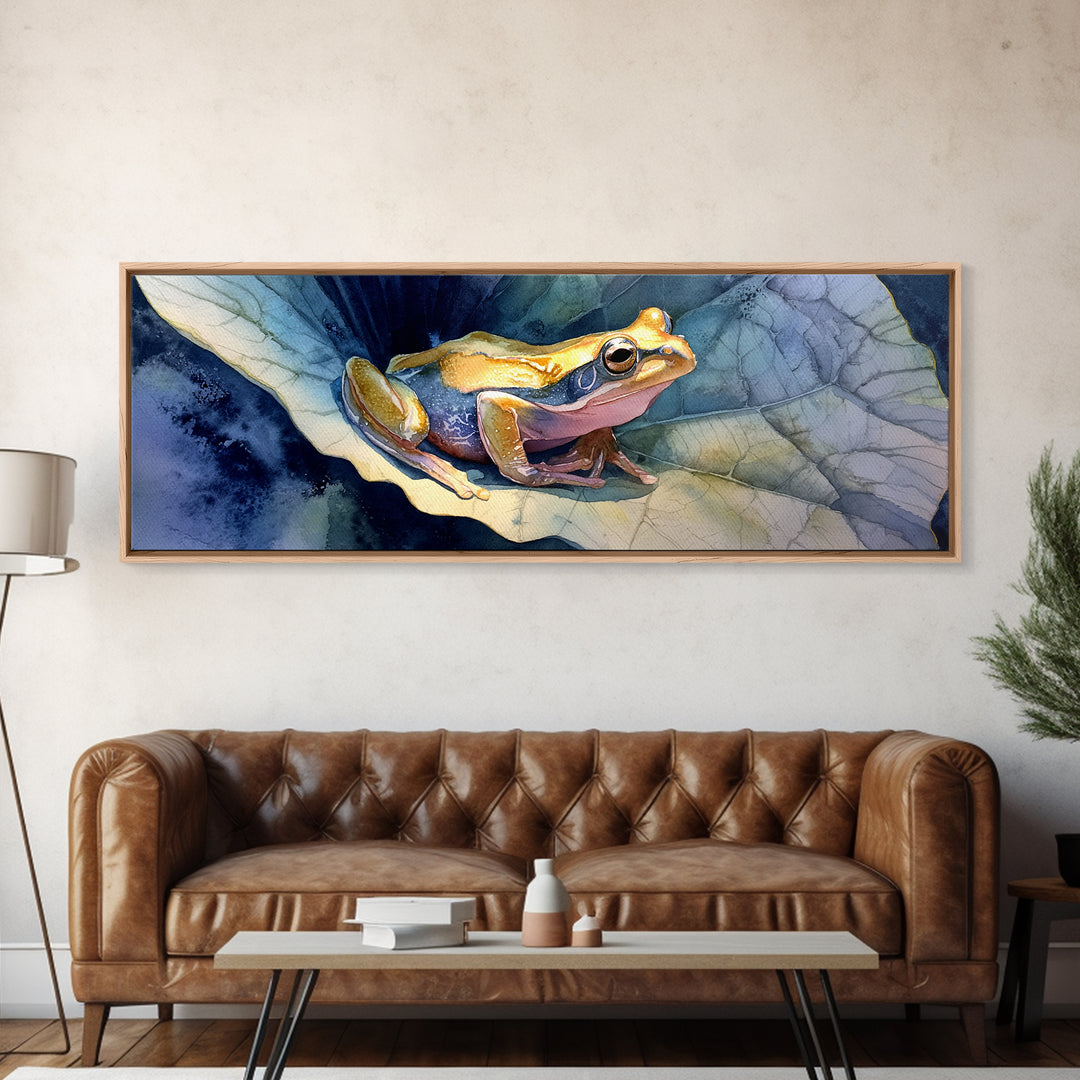 Frog on a Lotus Leaf Canvas Print, Animal Art, Downloadable Art, Living Room Decor, Fine Art, Creature, Minimalist Decor, ANI-3x1-36