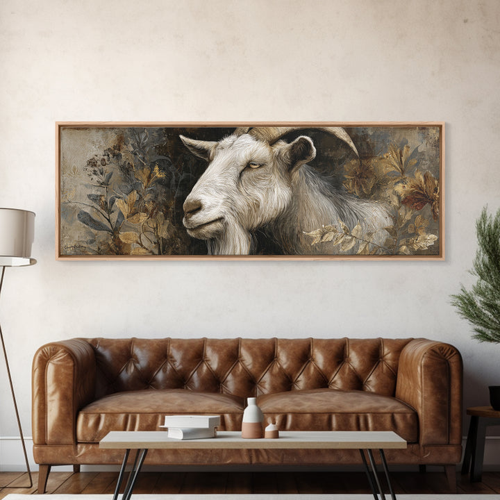 Goat Portrait with Rustic Folk Art Personality Framed Canvas Print, Animal Art, Digital Print, Living Room Decor, Creature, ANI-3x1-37
