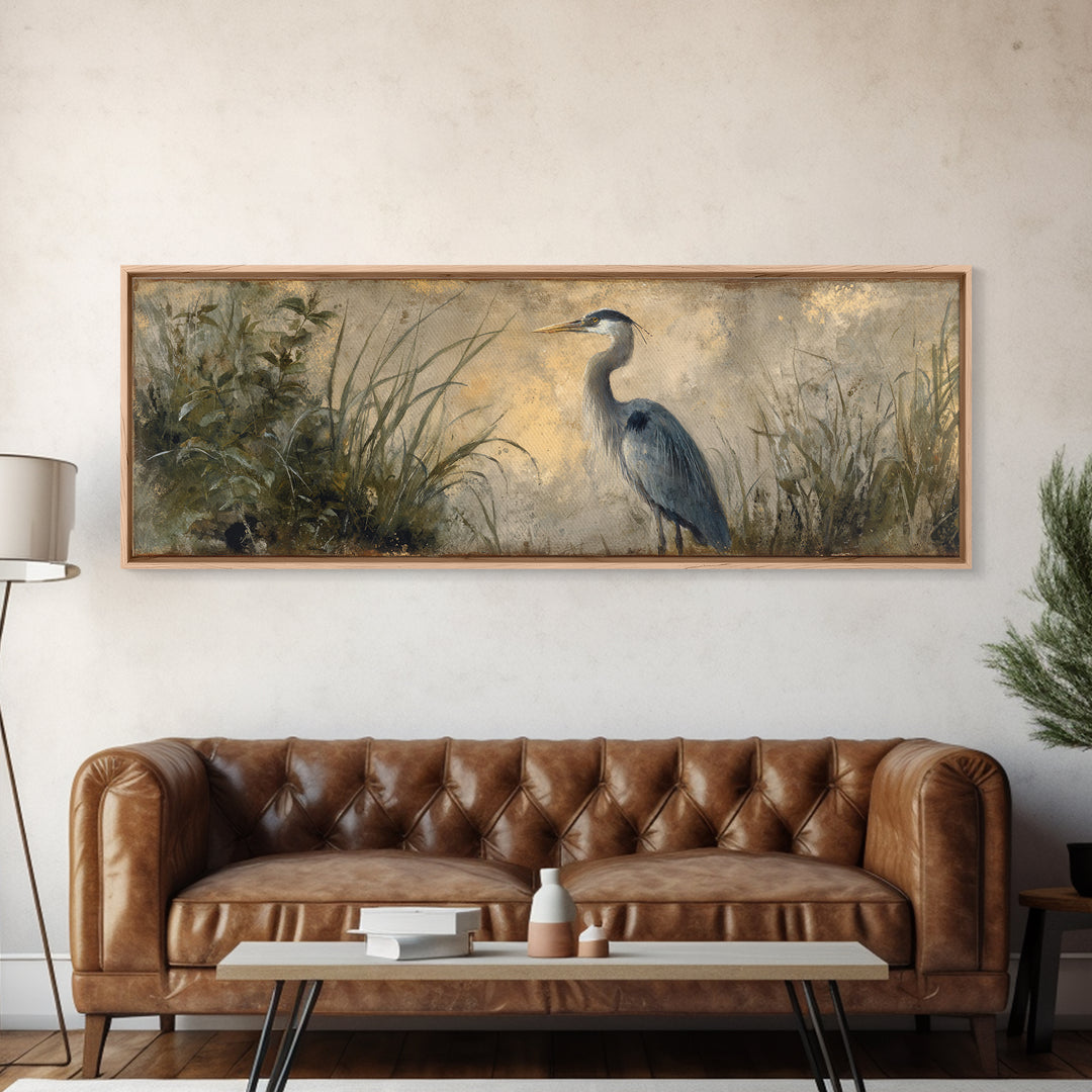 Blue Heron Standing Framed Canvas Print, Animal Art, Decor, Living Room Decor, Fine Art, Creature, Digital Print, Printable Art, ANI-3x1-51