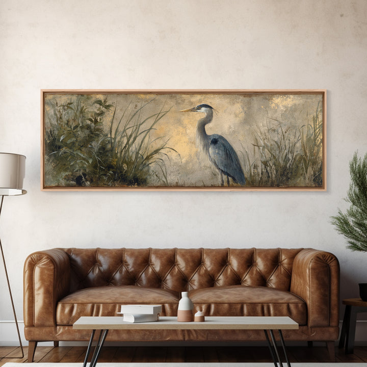 Blue Heron Standing Framed Canvas Print, Animal Art, Decor, Living Room Decor, Fine Art, Creature, Digital Print, Printable Art, ANI-3x1-51